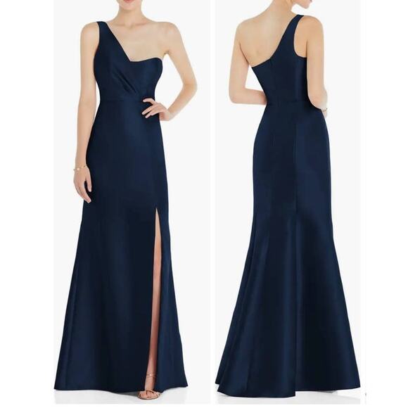 Alfred Sung dress navy blue D827 one shoulder satin twill trumpet gown - Picture 1 of 5